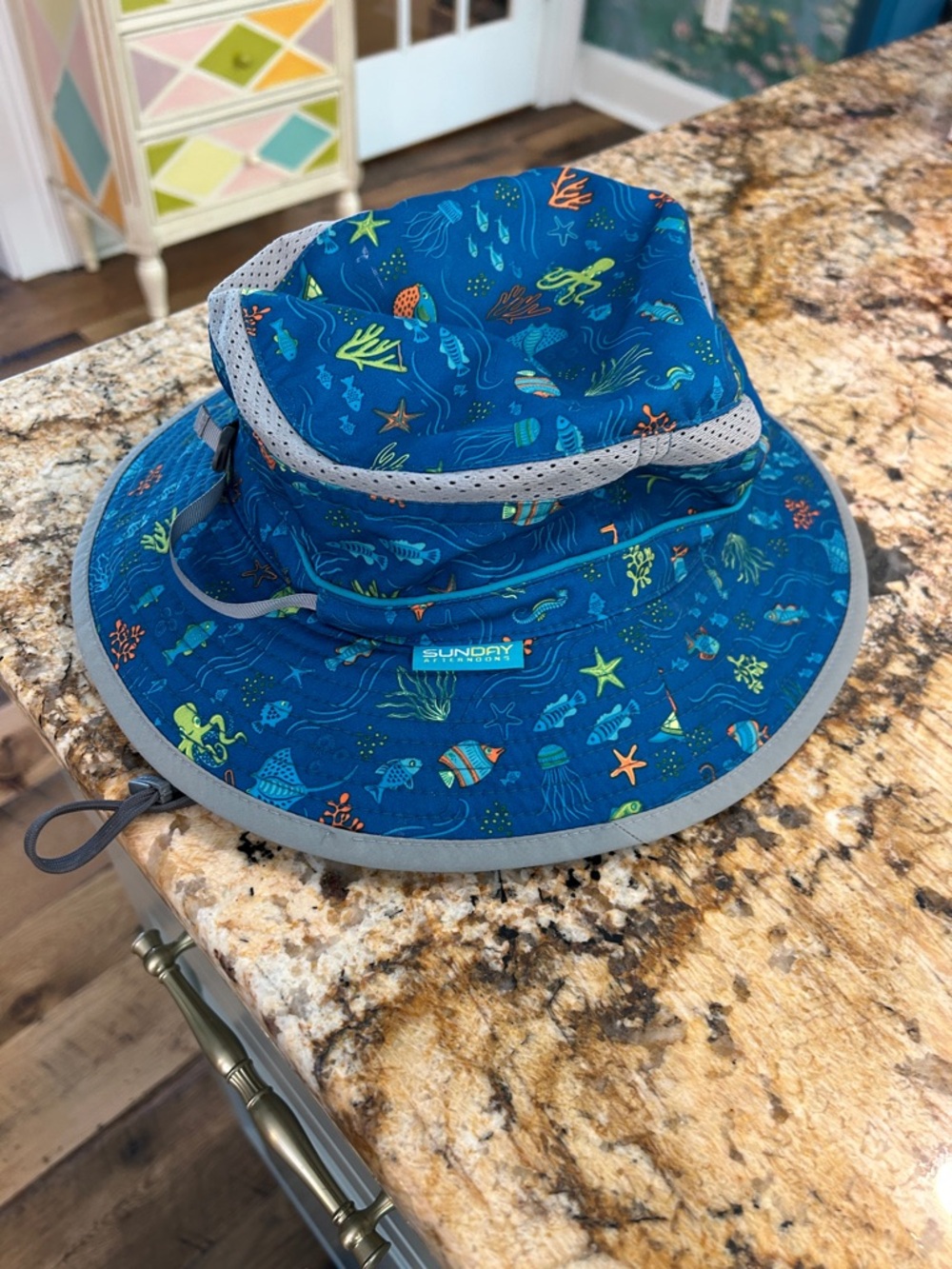 Sunday Kids' Blue Ocean Print Sun Hat with Mesh Trim Large 8-12